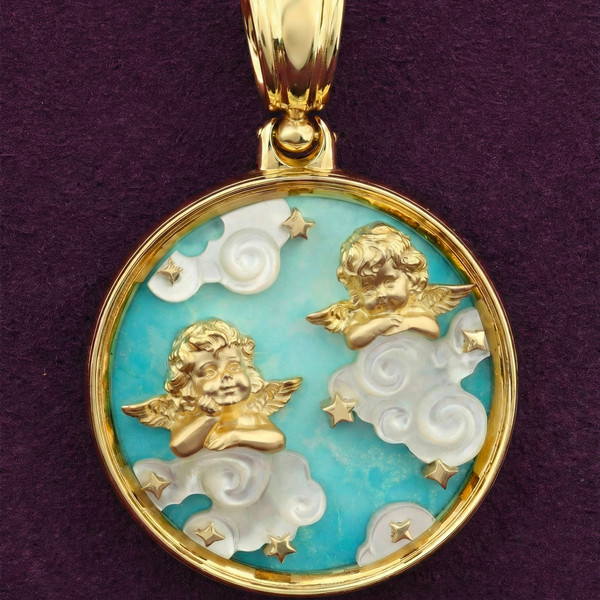 Подвеска из лимонного золота 585 пробы c бирюзой и перламутром