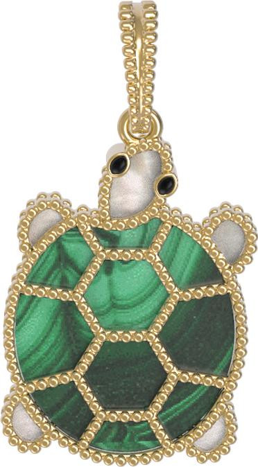 Подвеска из лимонного золота 585 пробы c эмалью, малахитом и перламутром