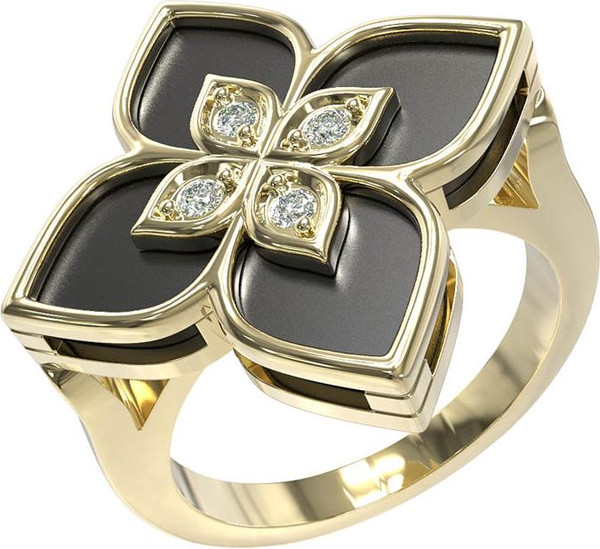 Кольцо из лимонного золота 585 пробы c бриллиантами и ониксом