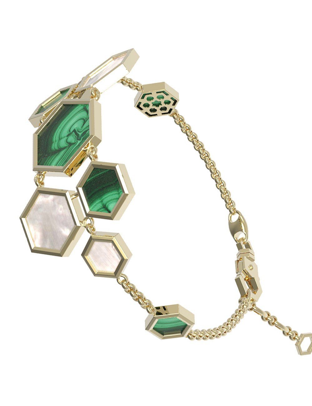 Браслет из лимонного золота c малахитом и перламутром