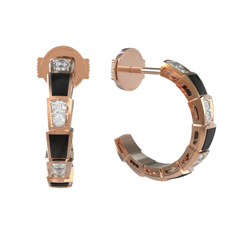 Серьги из красного золота 585 пробы c бриллиантами и ониксом