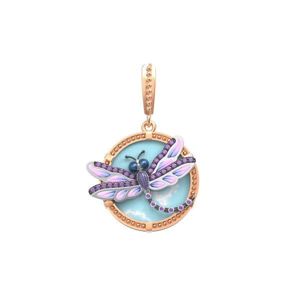 Подвеска из красного золота 585 пробы c бирюзой, аметистом и эмалью