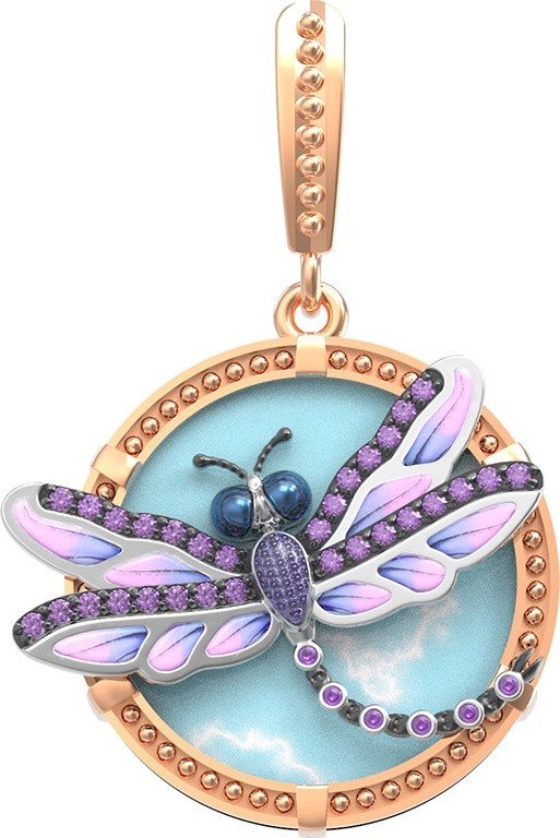 Подвеска из золота c бирюзой, аметистом и эмалью