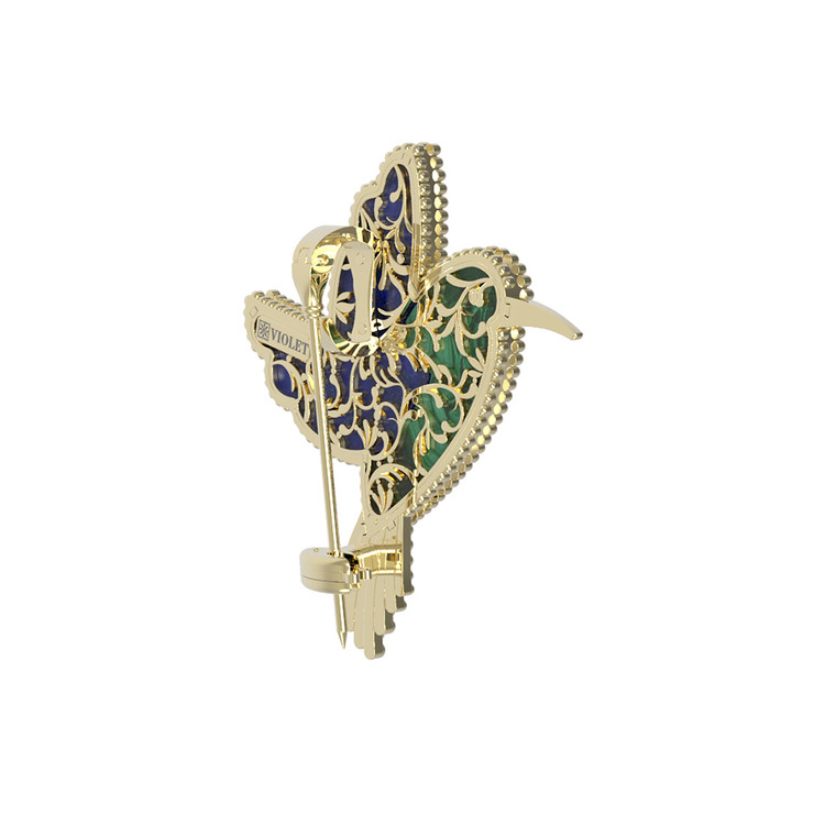 Брошь-подвеска из лимонного золота 585 пробы c эмалью, лазуритом и малахитом
