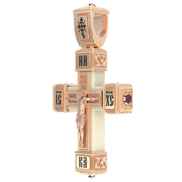 Крест из красного золота 585 пробы c эмалью, рубином и бивнем мамонта