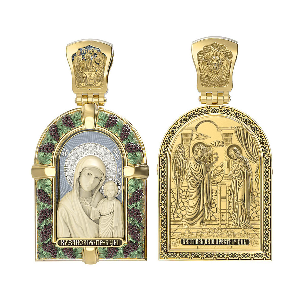 Нательная икона из лимонного золота 585 пробы c эмалью и бивнем мамонта