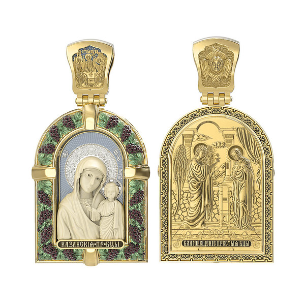 Нательная икона из лимонного золота 585 пробы c эмалью и бивнем мамонта