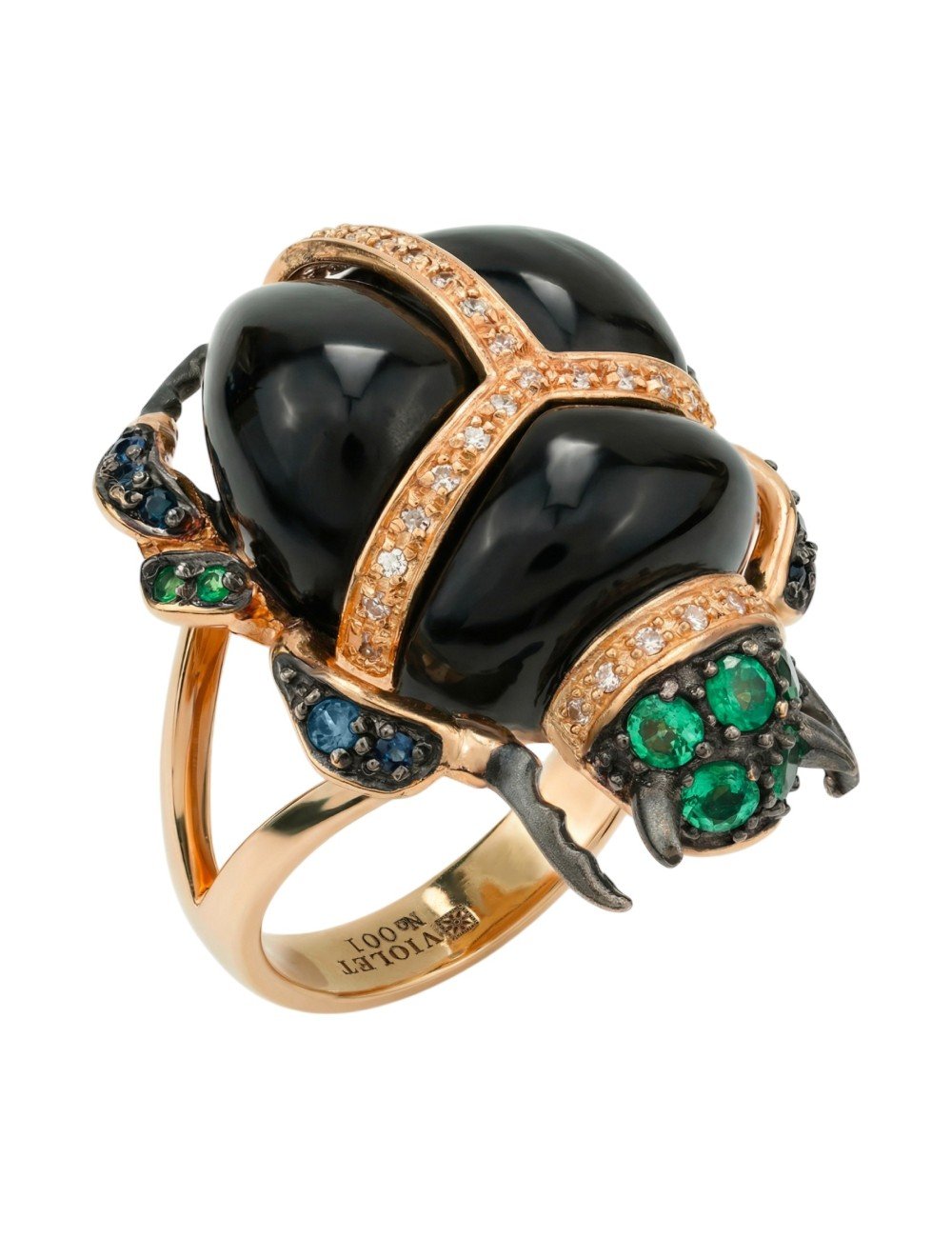 Кольцо из золота c бриллиантами, сапфиром, изумрудом и ониксом