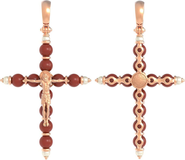 Крест из красного золота 585 пробы c жемчугом и кораллом