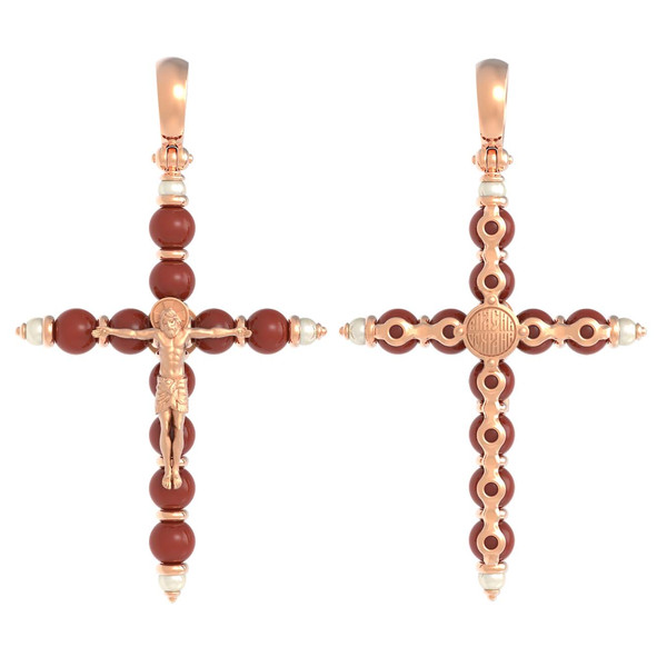 Крест из красного золота 585 пробы c жемчугом и кораллом