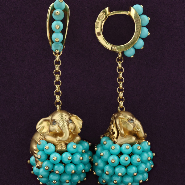 Серьги из лимонного золота 585 пробы c эмалью и бирюзой