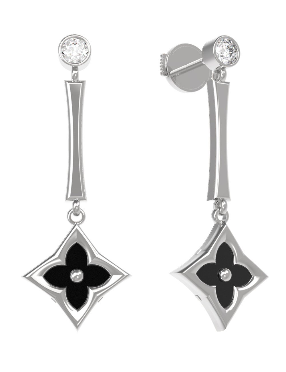 Серьги из белого золота c фианитом и ониксом