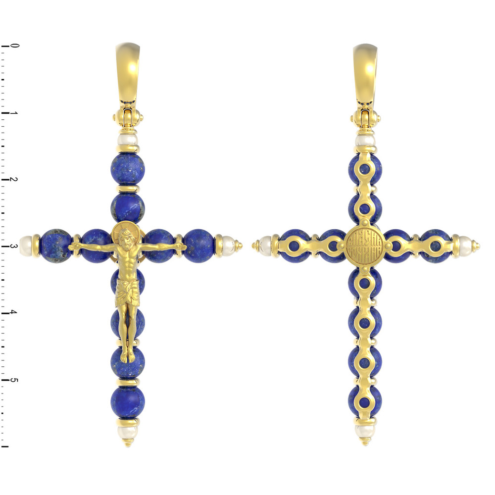 Крест из лимонного золота 585 пробы c жемчугом и лазуритом