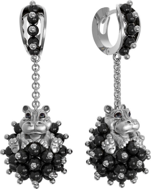 Серьги из белого золота c эмалью и ониксом