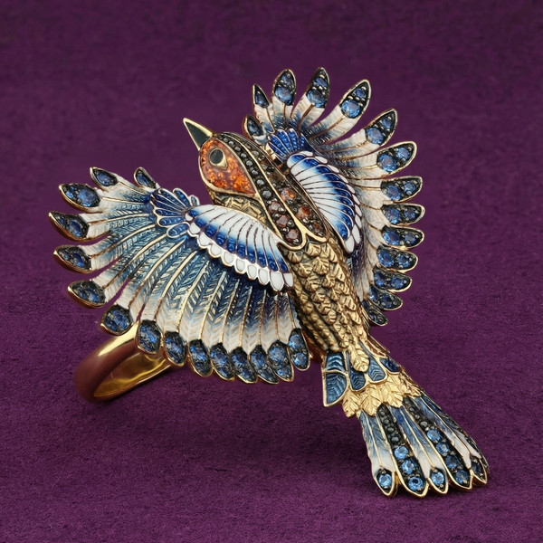 Кольцо из лимонного золота 585 пробы c эмалью и фианитом