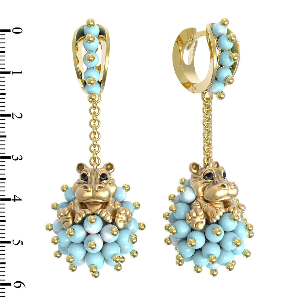 Серьги из лимонного золота 585 пробы c эмалью и бирюзой