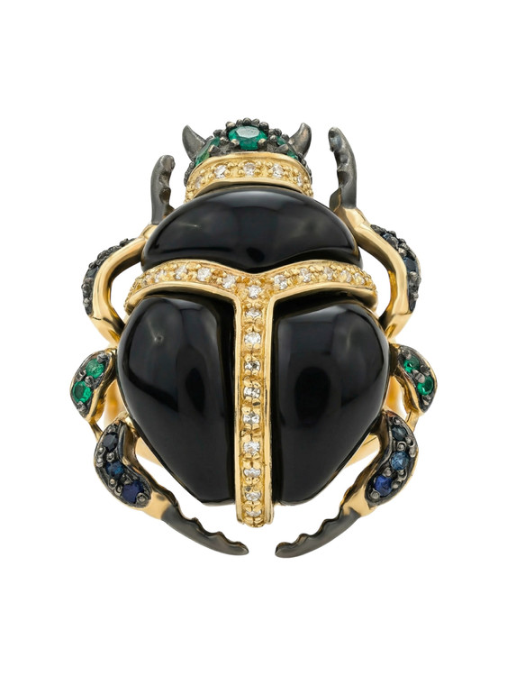 Кольцо из лимонного золота 585 пробы c бриллиантами, сапфиром, изумрудом и ониксом