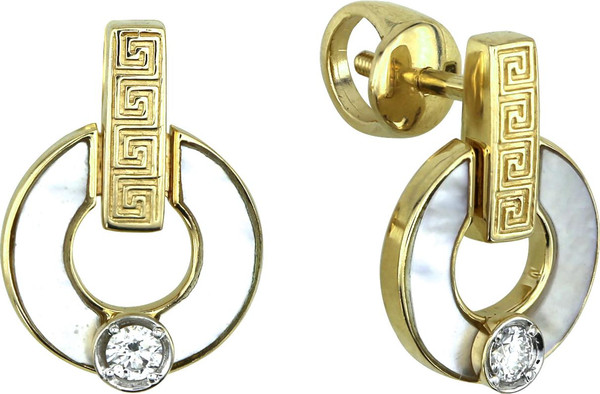 Серьги из лимонного золота 585 пробы c бриллиантами и перламутром