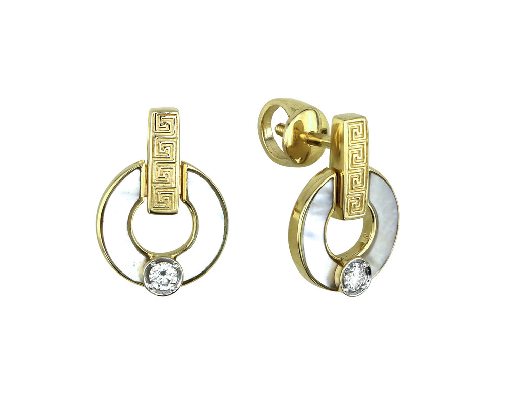 Серьги из лимонного золота 585 пробы c бриллиантами и перламутром