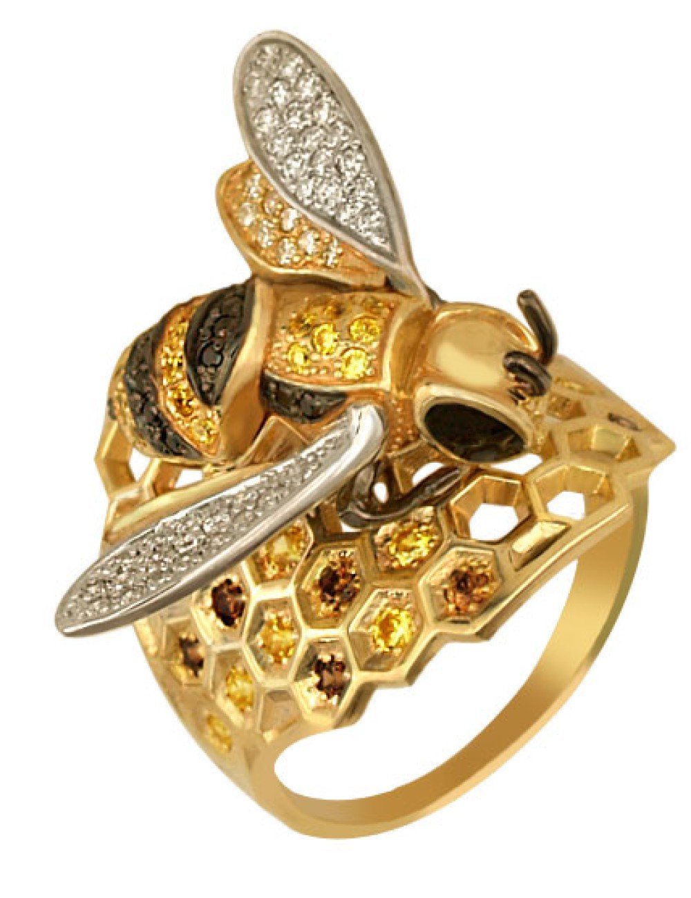 Кольцо из лимонного золота c эмалью и фианитом