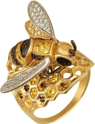 Кольцо из лимонного золота 585 пробы c эмалью и фианитом