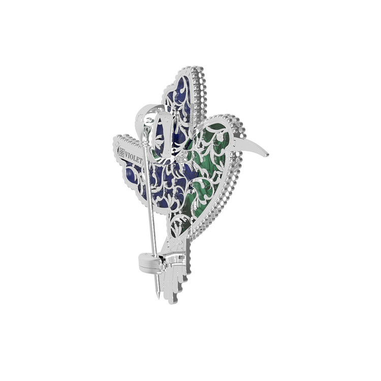 Брошь-подвеска из белого золота 585 пробы c эмалью, лазуритом и малахитом