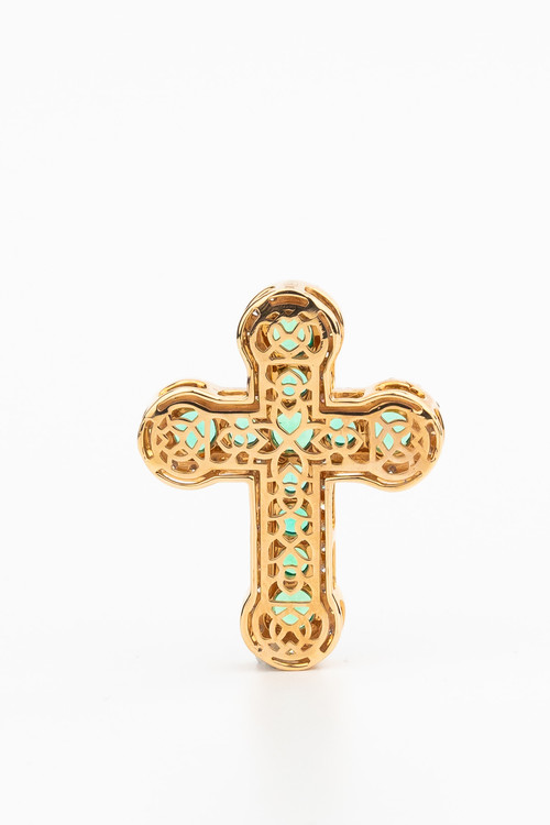 Крест из красного золота 585 пробы c бриллиантами и изумрудом