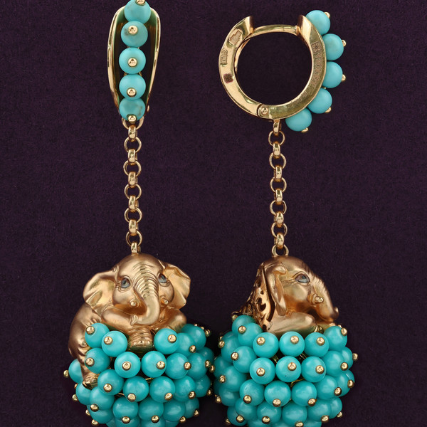 Серьги из красного золота 585 пробы c эмалью и бирюзой