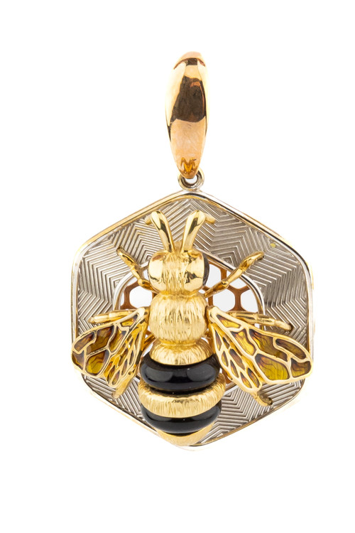 Подвеска из красного золота 585 пробы c эмалью, ониксом и эмалью