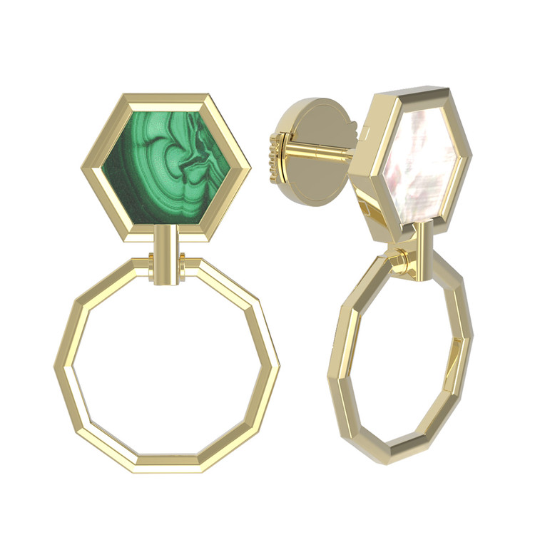 Серьги из лимонного золота 585 пробы c малахитом и перламутром