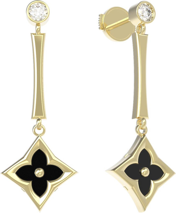 Серьги из лимонного золота 585 пробы c фианитом и ониксом