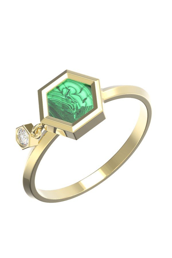 Кольцо из лимонного золота c бриллиантами и малахитом