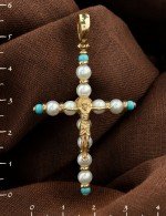 Крест из лимонного золота c жемчугом и бирюзой