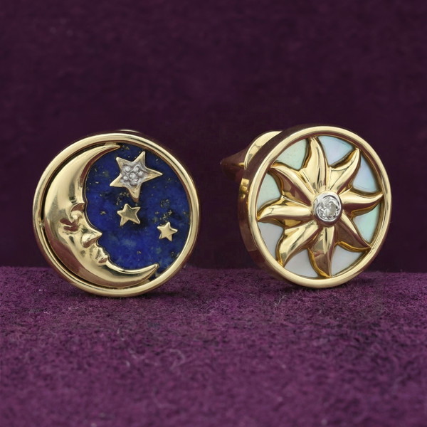 Серьги из лимонного золота 585 пробы c бриллиантами, лазуритом и перламутром