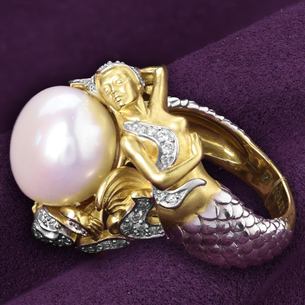 Кольцо из лимонного золота 585 пробы c бриллиантами и жемчугом