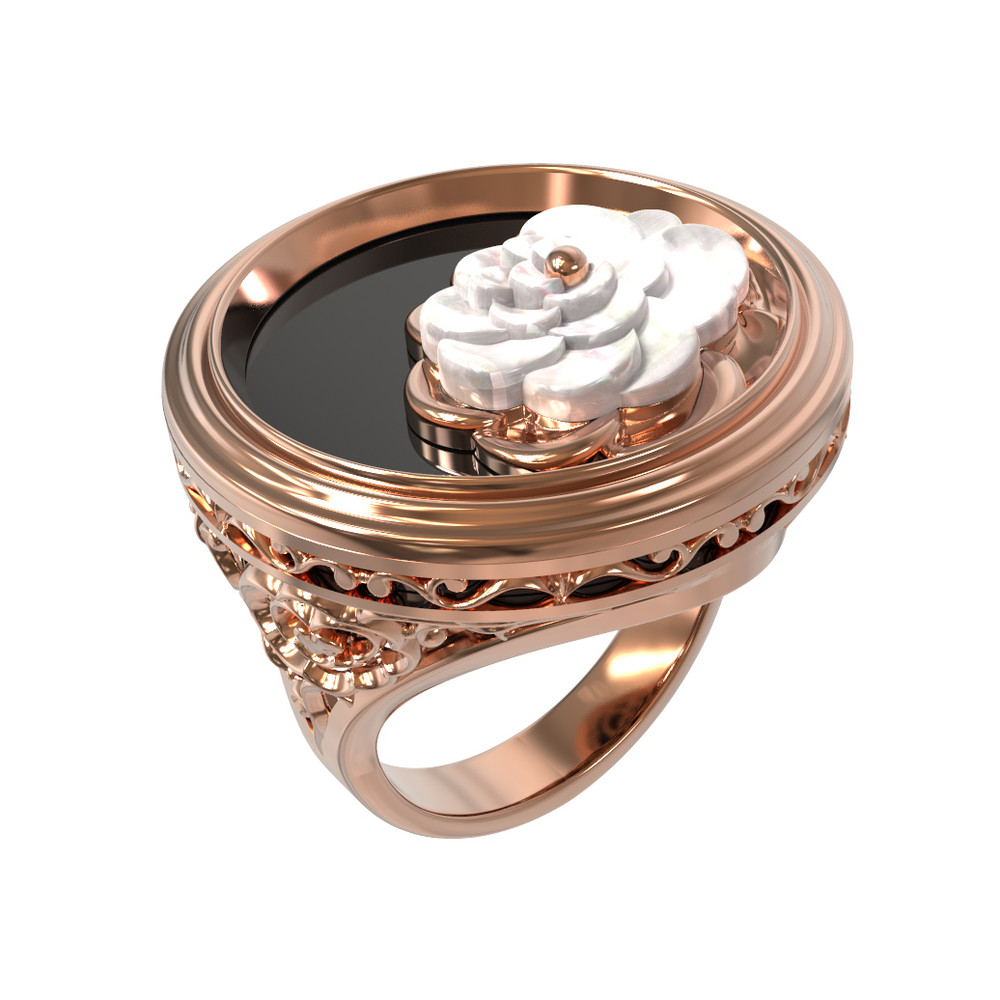 Кольцо из красного золота 585 пробы c ониксом и перламутром