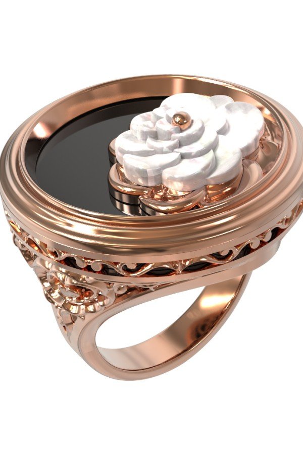 Кольцо из золота c ониксом и перламутром