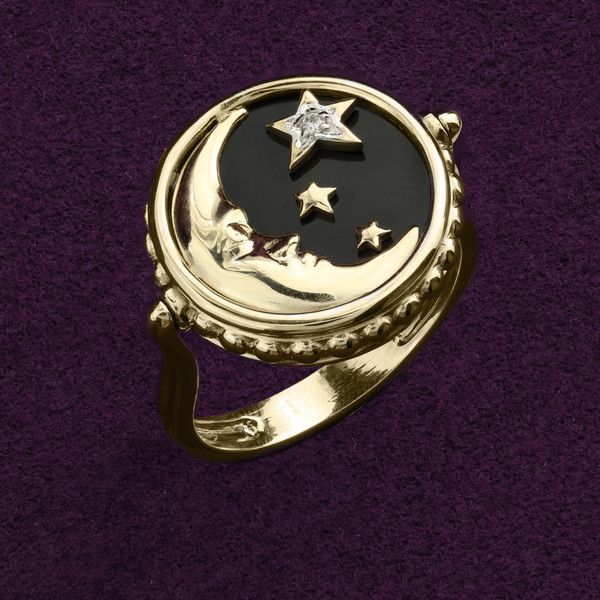 Кольцо из лимонного золота 585 пробы c бриллиантами, ониксом и перламутром