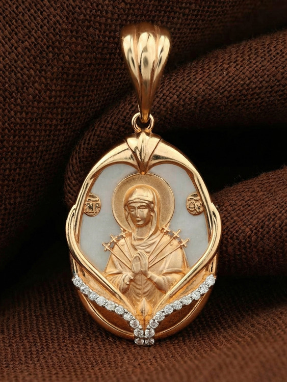 Нательная икона из красного золота 585 пробы c бриллиантами и перламутром