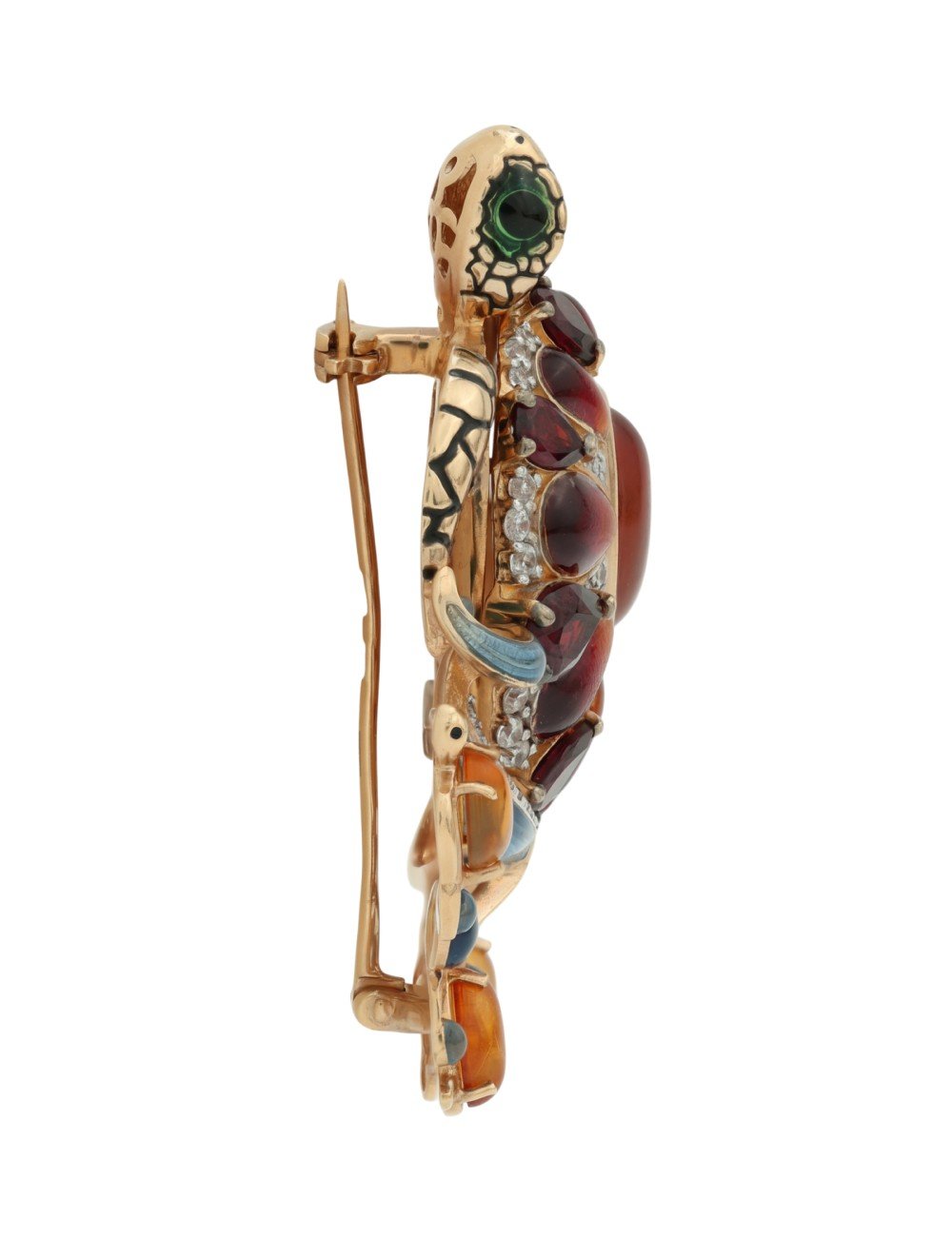 Брошь из золота c эмалью, фианитом, гранатом и янтарём