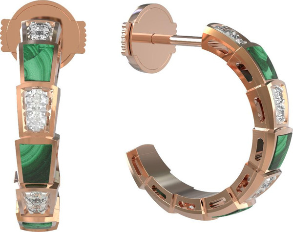 Серьги из красного золота 585 пробы c бриллиантами и малахитом