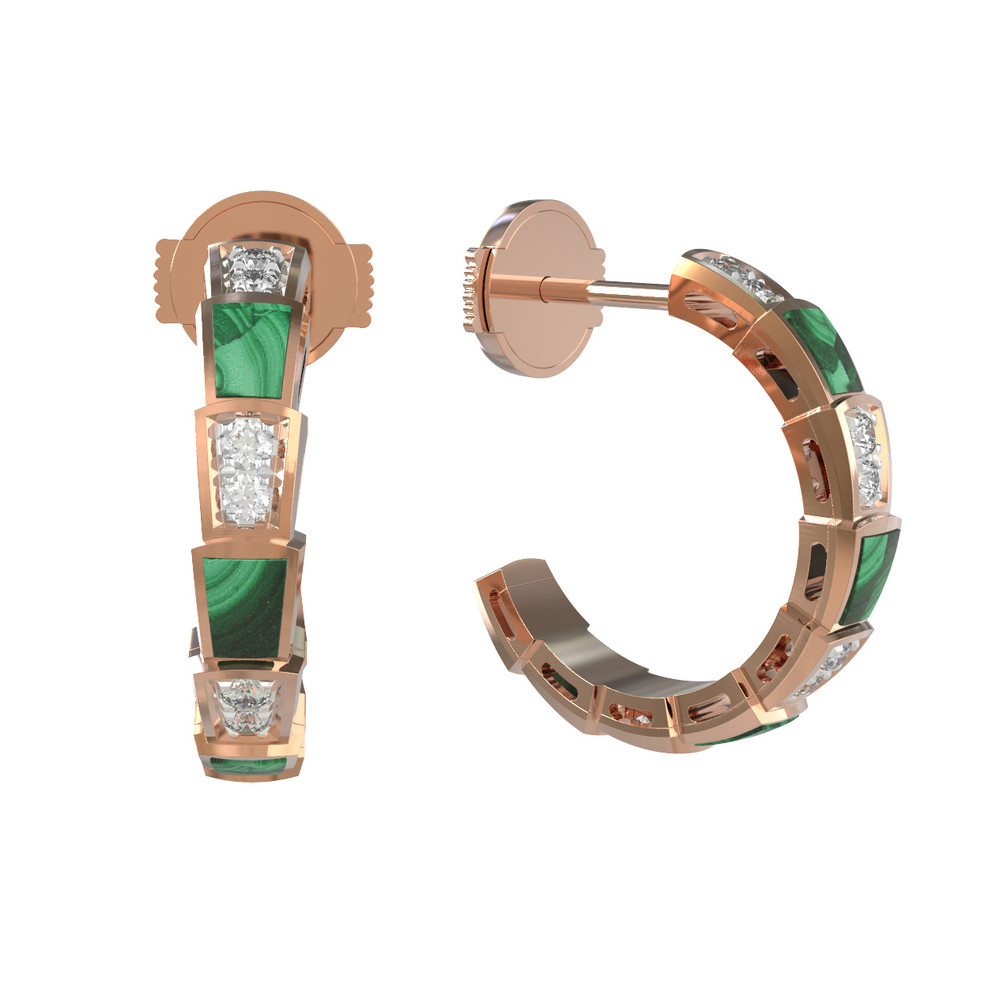 Серьги из красного золота 585 пробы c бриллиантами и малахитом