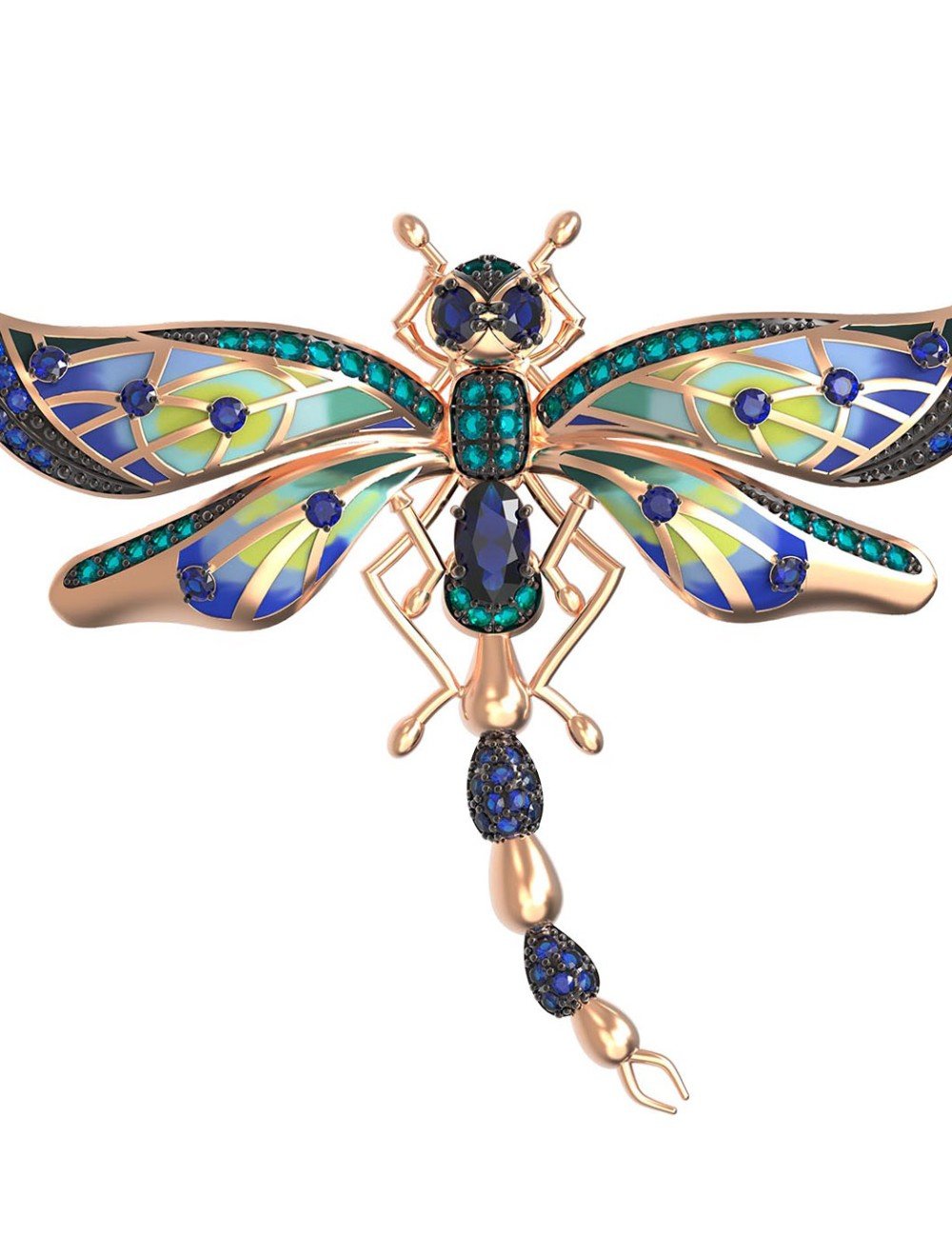 Брошь из золота c фианитом, сапфиром и эмалью