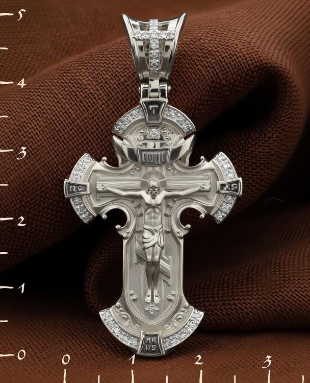 Крест из белого золота 585 пробы c бриллиантами