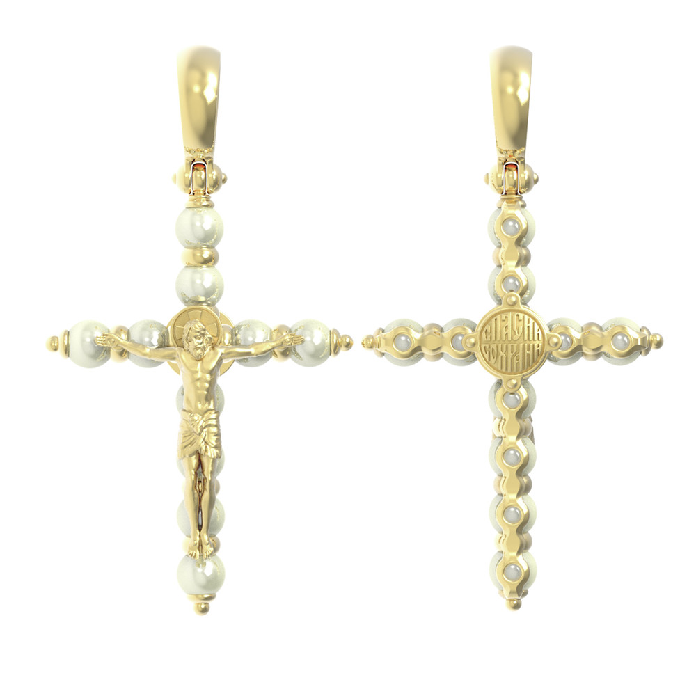 Крест из лимонного золота 585 пробы c жемчугом