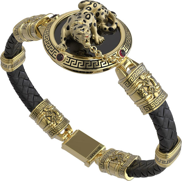 Браслет из лимонного золота 585 пробы c эмалью, шнурком, ониксом и рубином