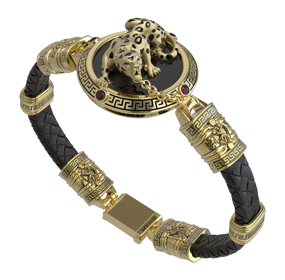 Браслет из лимонного золота 585 пробы c эмалью, шнурком, ониксом и рубином