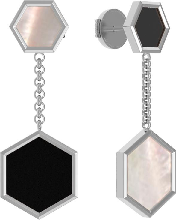 Серьги из белого золота 585 пробы c ониксом и перламутром