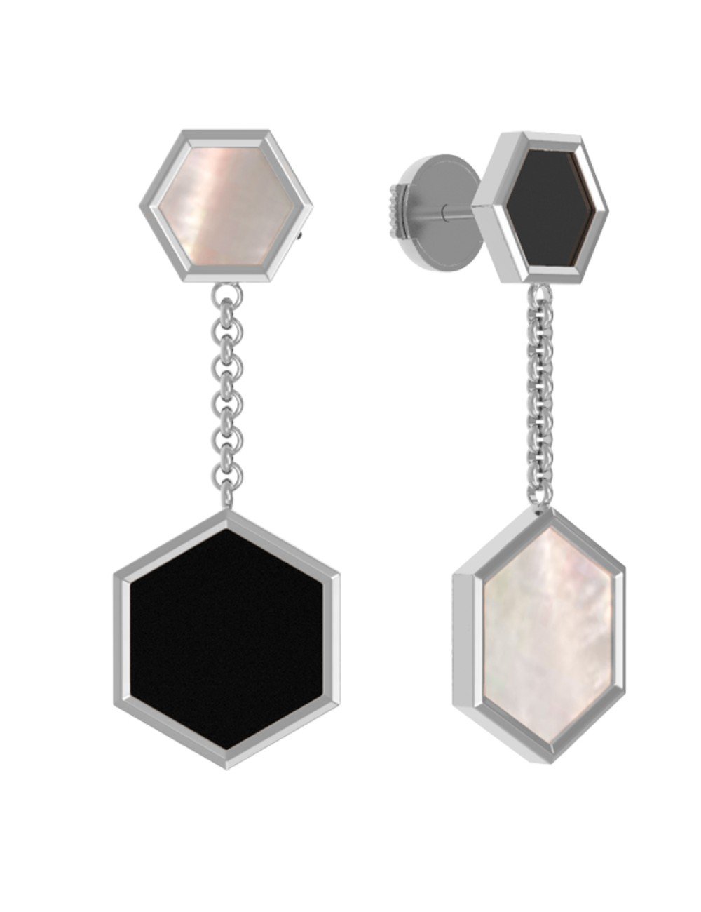 Серьги из белого золота c ониксом и перламутром