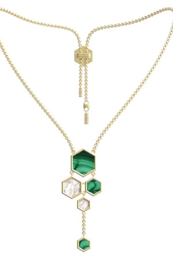 Колье из лимонного золота c малахитом и перламутром